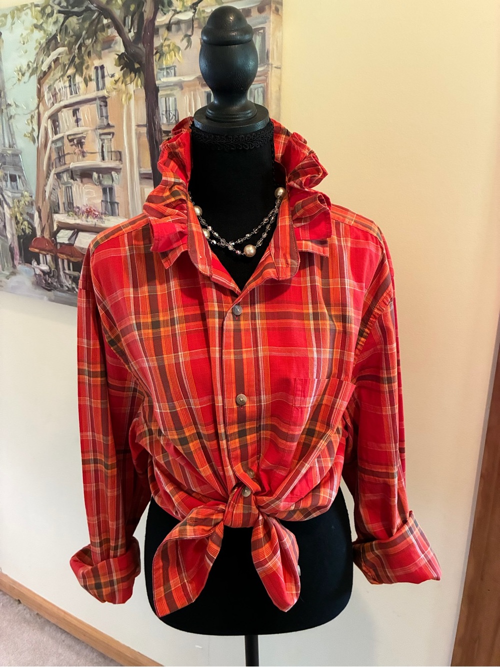 Eddie Bauer orange  Plaid Ruffle collar button from shirt